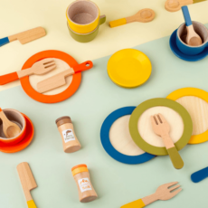 display of wooden toy kitchen accessories, cutlery set