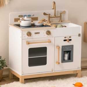 ROBUD wooden toy kitchen accessories, white color with brown handles. black stove, gold sink, and white pots