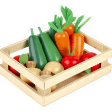 wooden toy vegetables in a wooden basket