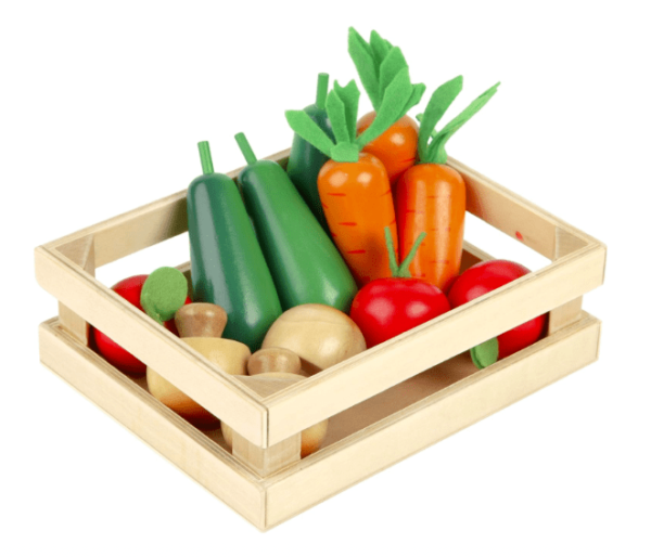 wooden toy vegetables in a wooden basket