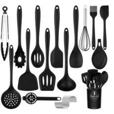 black silicone kitchen utensils set in display