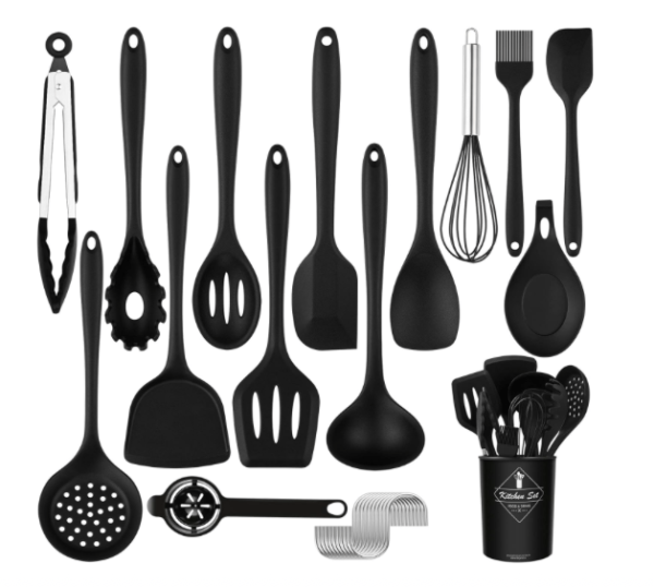 black silicone kitchen utensils set in display