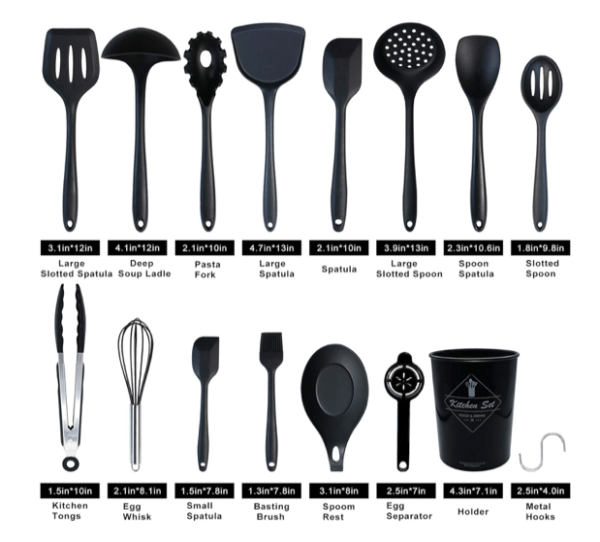 black silicone kitchen utensils set in display