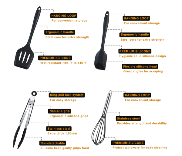 black silicone kitchen utensils set in display