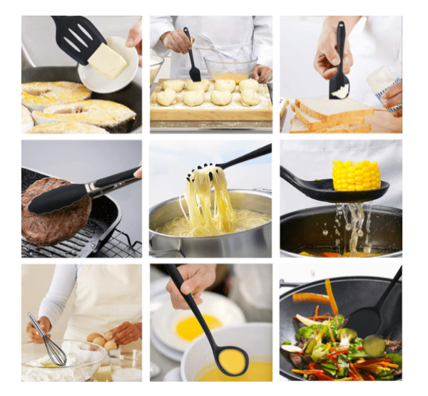 black silicone kitchen utensils set in display illustrating the usage of each element