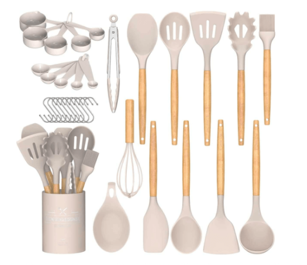 silicone kitchen utensils set in khaki color with wooden handles, each element on display