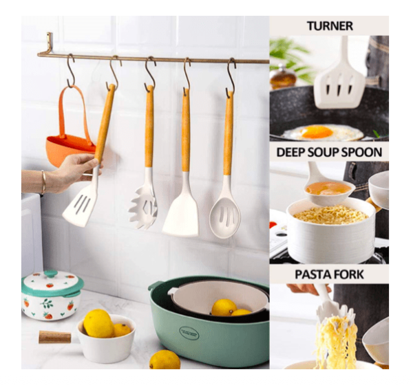 silicone kitchen utensils set in khaki color with wooden handles hanging from a kitchen rail, with illustrating how to use each item, only three items displayed, turner, soap spoon and pasta fork