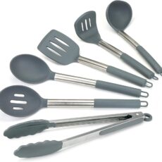 display of grey silicone kitchen utensils