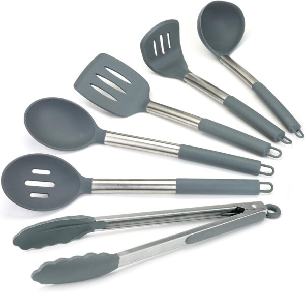 display of grey silicone kitchen utensils