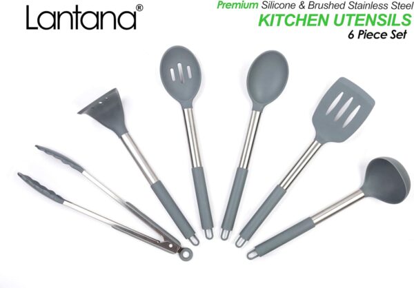 display of brand Lantana silicone kitchen utensils set, 6 pieces, three spoons, two flippers and a picker