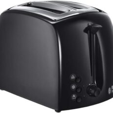 A 2 black slice toaster with level and mode button.