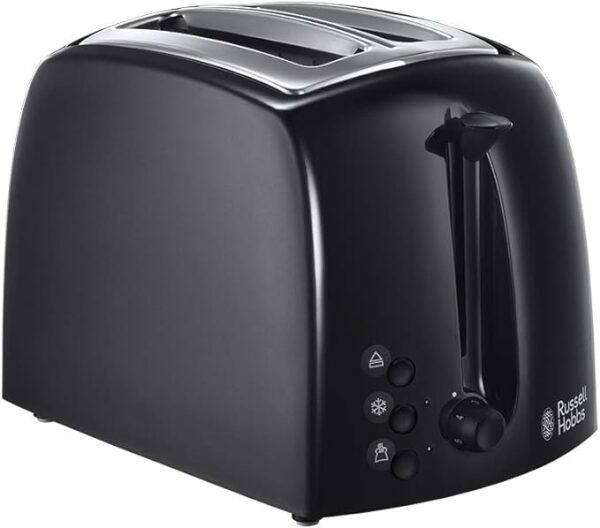 A 2 black slice toaster with level and mode button.