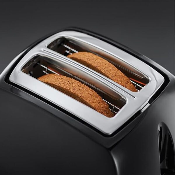 a 2 slice toaster displaying how to put the bread in it