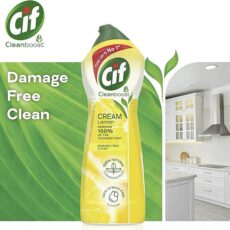 an imagine of the bottle of CIF cream cleaner and background of kictchen