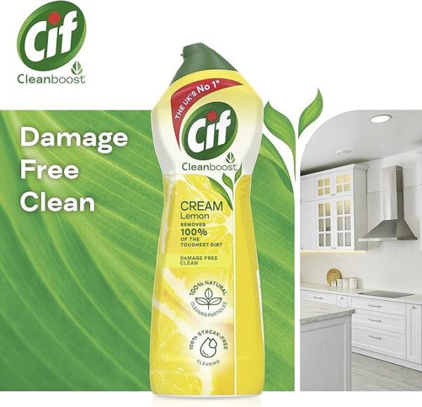 an imagine of the bottle of CIF cream cleaner and background of kictchen