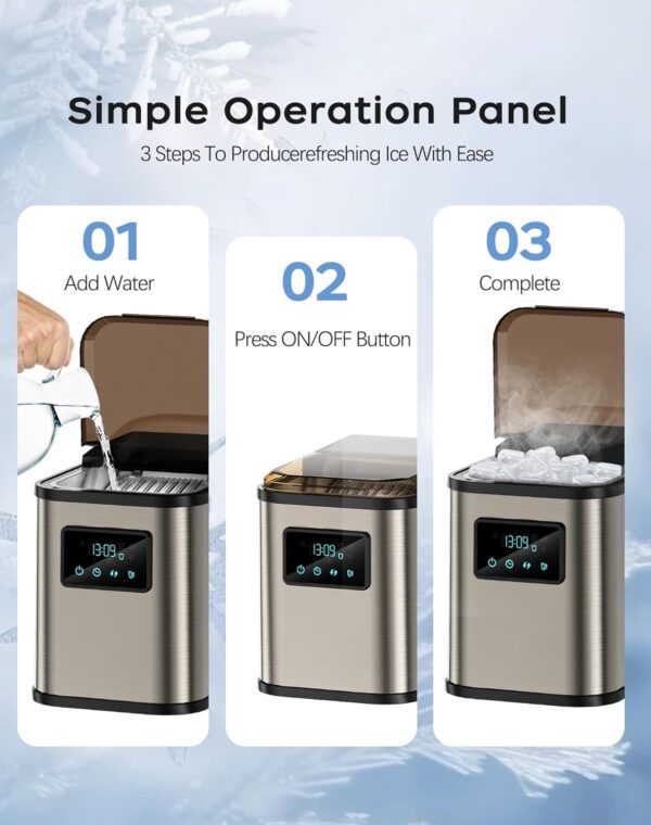 display of simple operation panel of the machine where first is to add water, second press the ON/OFF button and third the ice cubes are done.