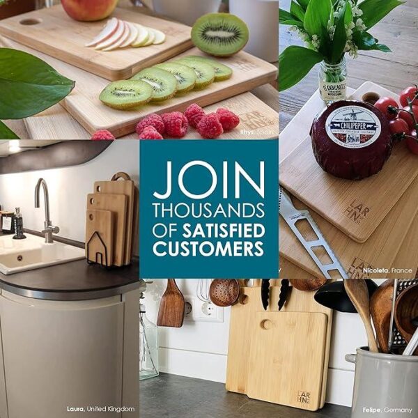 Multiple pictures of how to store chopping boards and fruits being cut on the chopping board