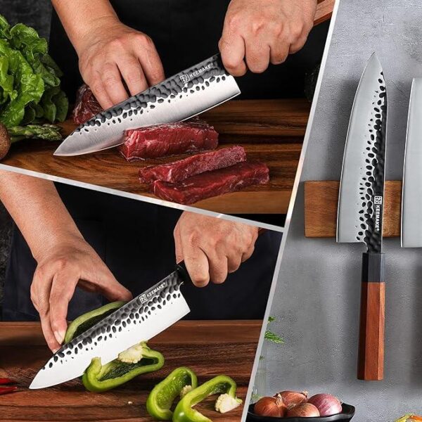 a chef cutting meat and green pepper on a board with the Japanese knife