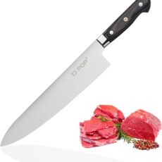 Japanese steel kitchen knife with a wooden handle and sliced meat