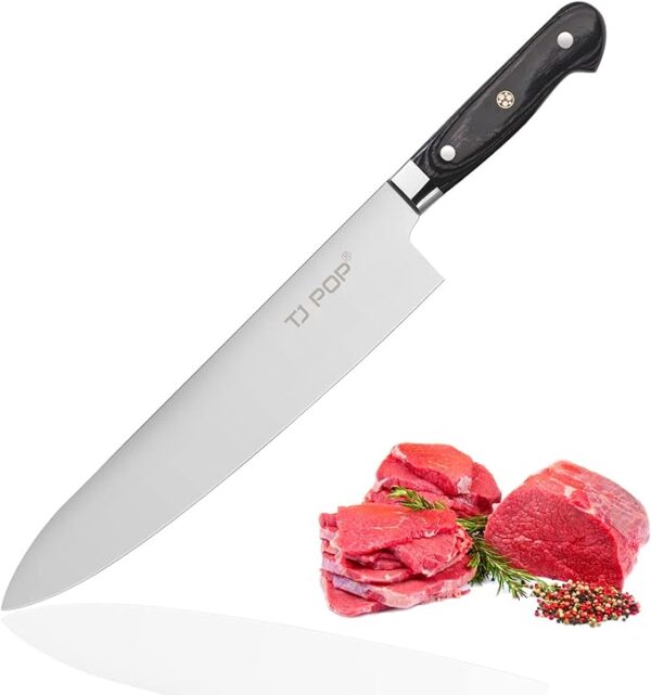 Japanese steel kitchen knife with a wooden handle and sliced meat