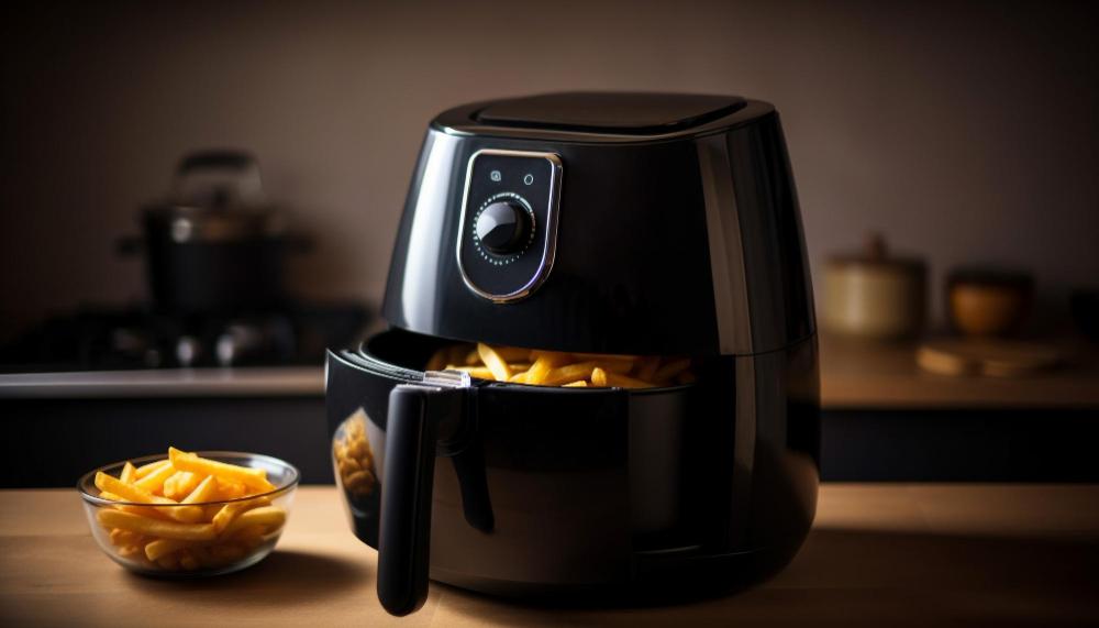 Black air fryer with chips ready to eat and a bowl of chips beside it