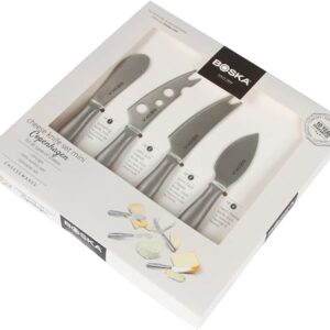 Displaying 4 kinds of cheese knives in a packaged box.