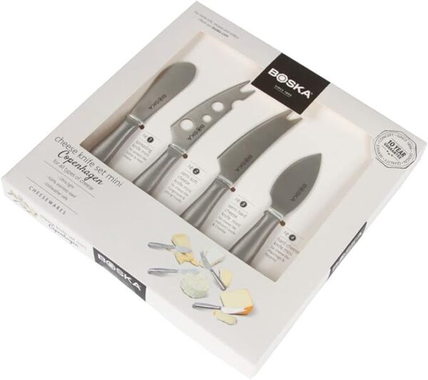 Displaying 4 kinds of cheese knives in a packaged box.