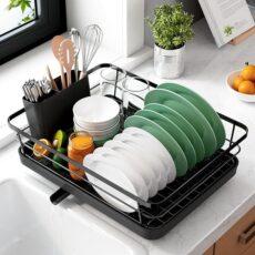 Compact dish drying rack with the dishes it can hold and a utensil holder plus a water drainer