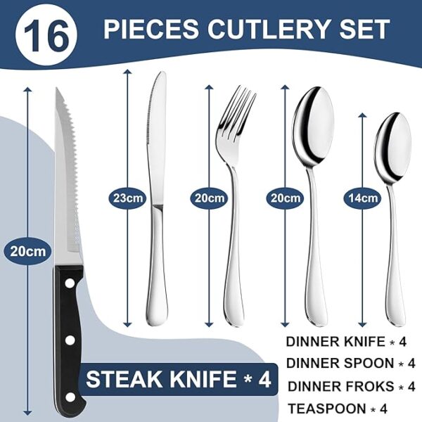 Cutlery sets showing the size of each in centimeters