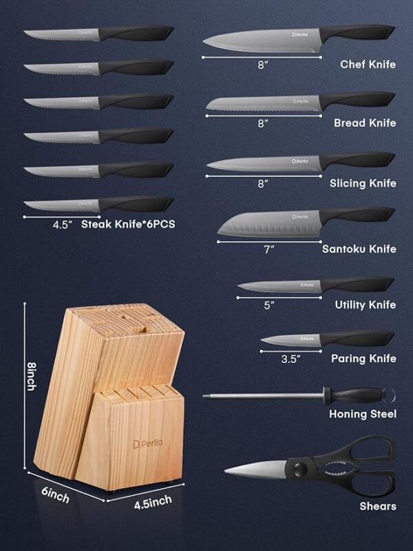 Different types of knives and their sizes.