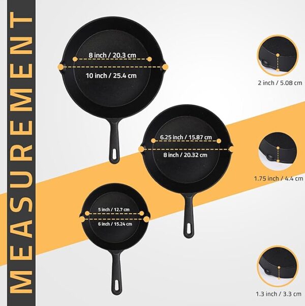 A set of 3 skillet pans. Sizes indicated 2inch, 1.75inch and 1.3inch