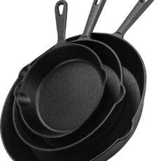 a set of 3 pieces, different sizes of skillets. lack in color.