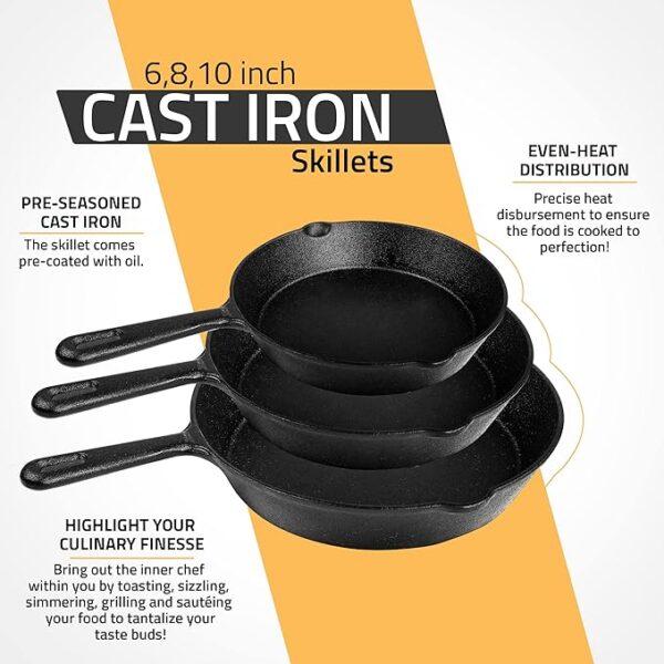 3 Skillet pans made of cast iron.