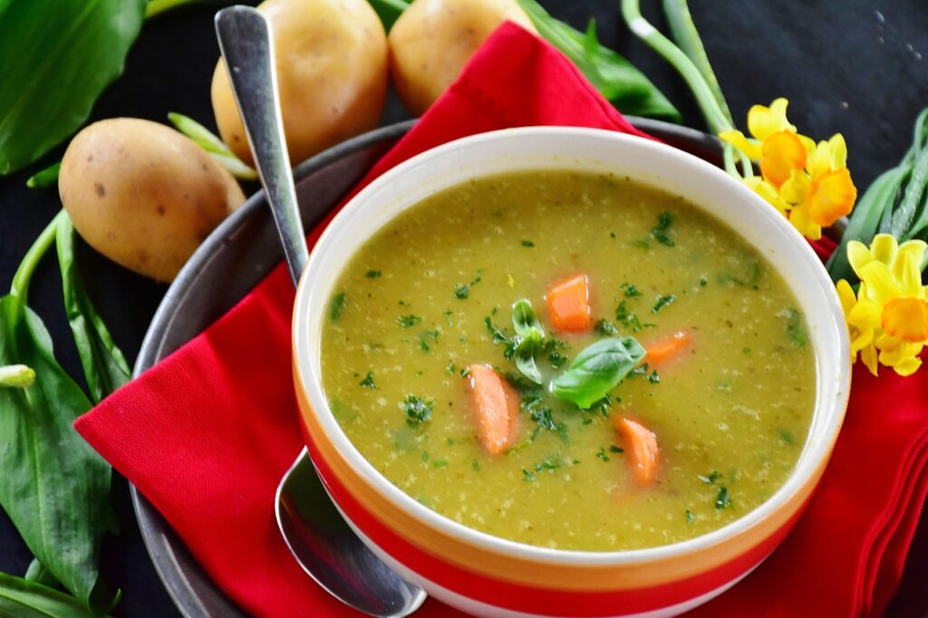 potato soup, potato, soup, wild garlic, edible, food, nourishment, having lunch, healthy, enjoy the meal, meal, cook, kitchen, plate, tasty, naturally, fresh, carrots, vegetarian, vegan, soup, soup, soup, soup, soup